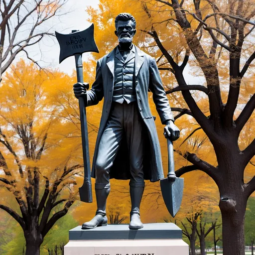 Prompt: John brown as a statue holding two axes that says end slavery in an open area