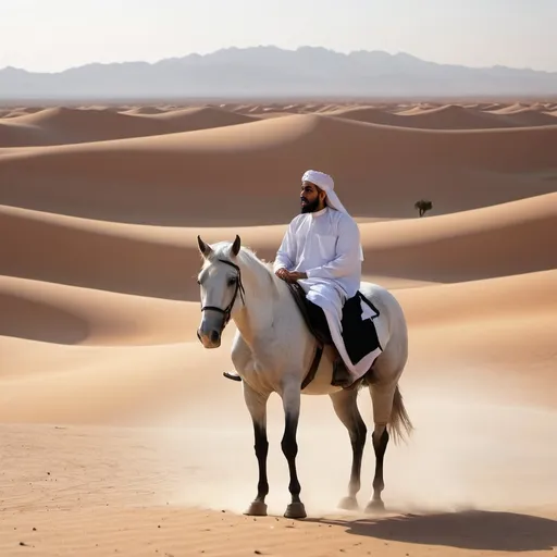 Prompt: Imam hosein with a withe horse in desert from back 4k