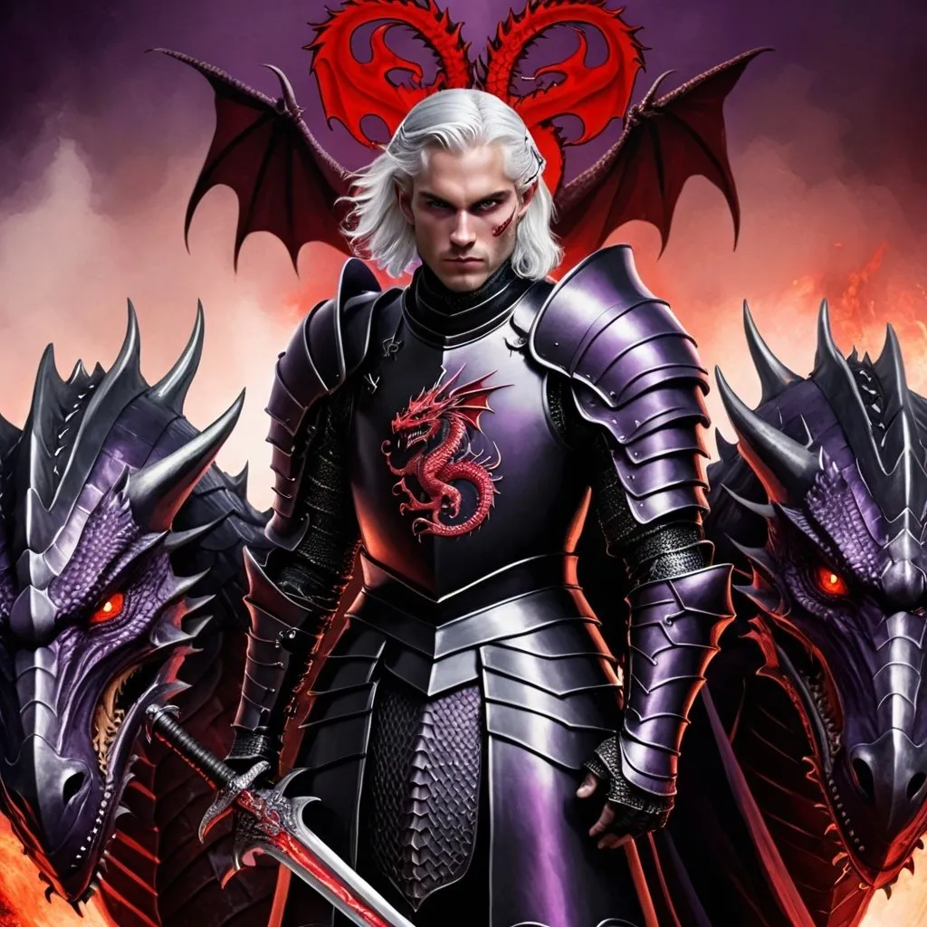 Prompt: A targaryen knight, silver hair, purple eyes, wearing full black plate armour with three headed red dragon targaryen sigil. Sword in right hand