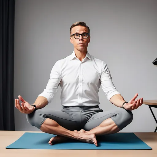 Prompt: Alexander Stubb sits on the table and do yoga