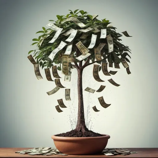 Prompt: I need a representation of a slowly growing money tree being watered.  This tree represents the receipt of dividends from an investment.