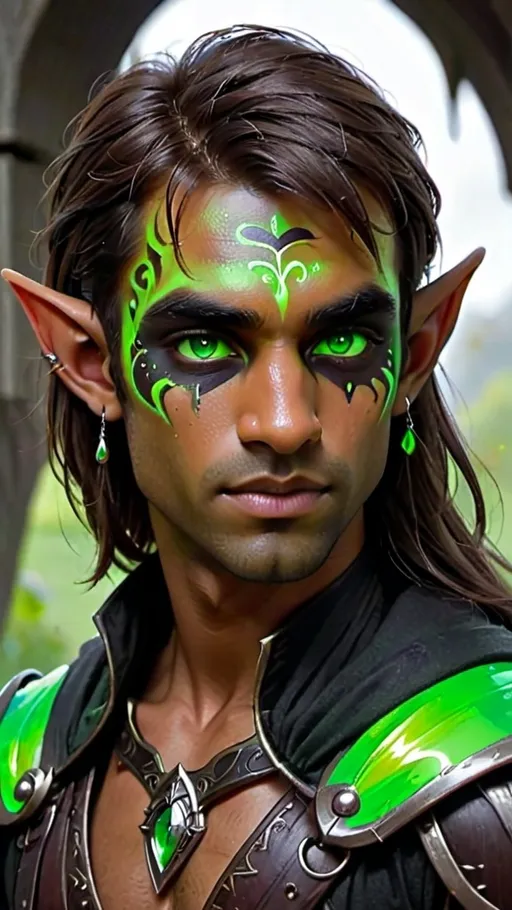 Prompt: A half elf, tanned skin, dark brown hair, green glowing eyes, black face paint covering the upper half of the face, Undercut with Long Side Fringe hairstyle, pointy ears, a single ear ring on the left ear, very detailed, male