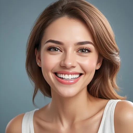 Prompt: A beautiful lady with bright smile well aligned sparking teeth for dental clinic ad