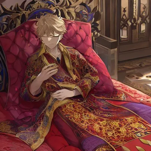 Prompt: A king in vibrant persian, asleep, distressed, having a nightmare