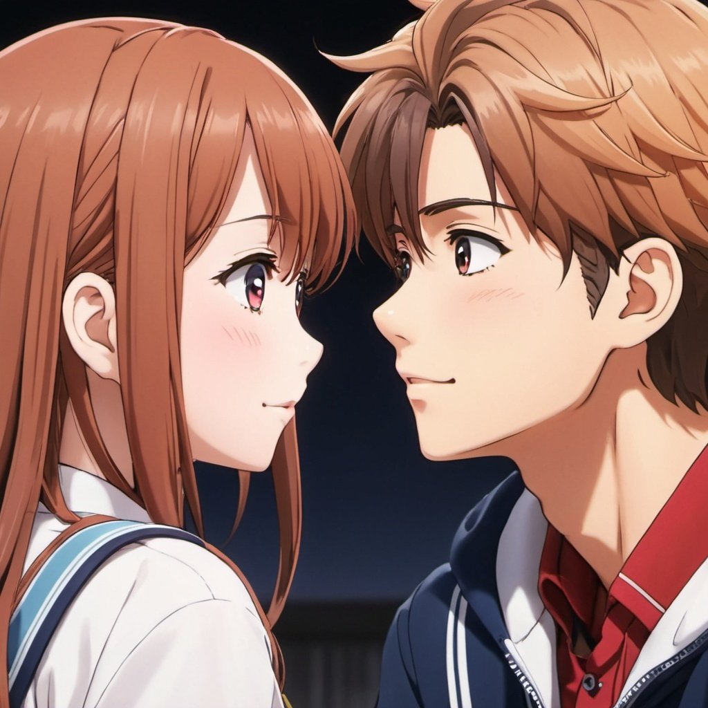 A cute anime girl blushing looking at a anime boy.