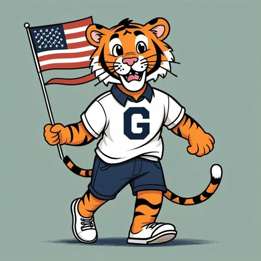 Prompt: a playful tiger that is wearing a shirt that has a varsity letter G and is walking and holding a flag that says GOBLES and looks hand drawn


