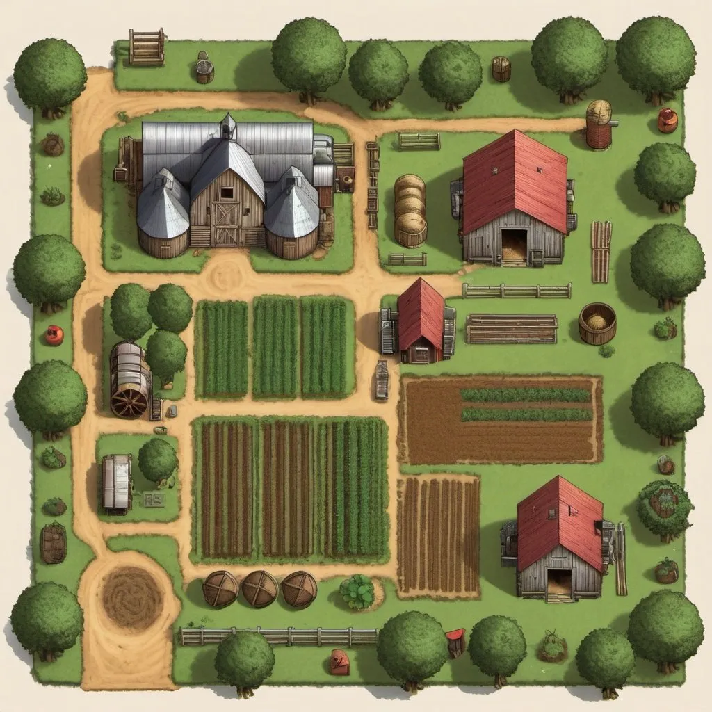 Prompt: orthographic view of a farm 5e