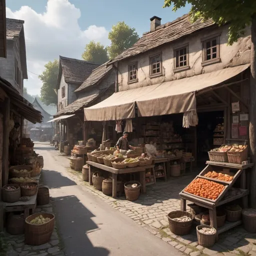 Prompt: small market in a small village with very scarce goods dnd