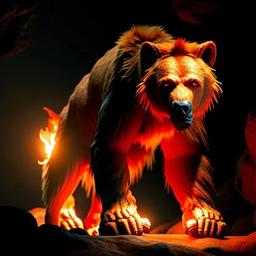 Prompt: vicious cave bear made of orangish red spectral flames