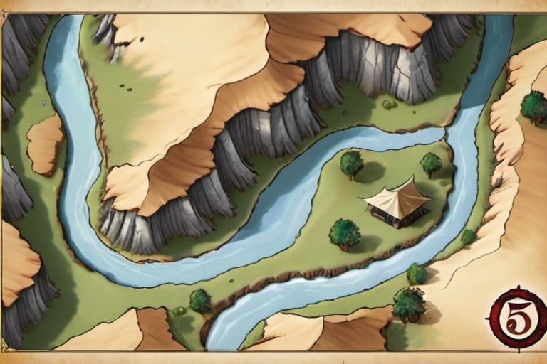 Prompt: top down perspective map of a valley 5e