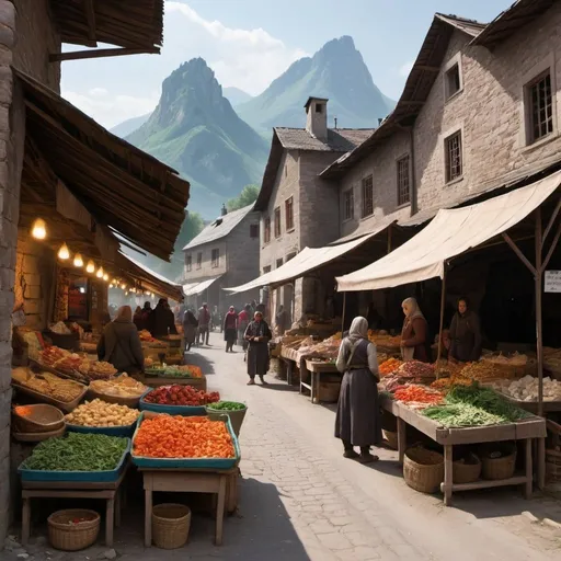 Prompt: market in a small village with very scarce goods dnd