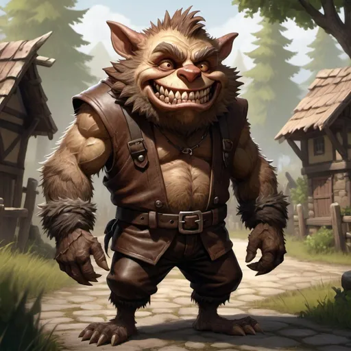 Prompt: wiry, slender friendly cartoonish bugbear with a small smile, leather attire, village setting, high-quality, detailed fur, fantasy, RPG, woodland, leather, highres, detailed smile, atmospheric lighting