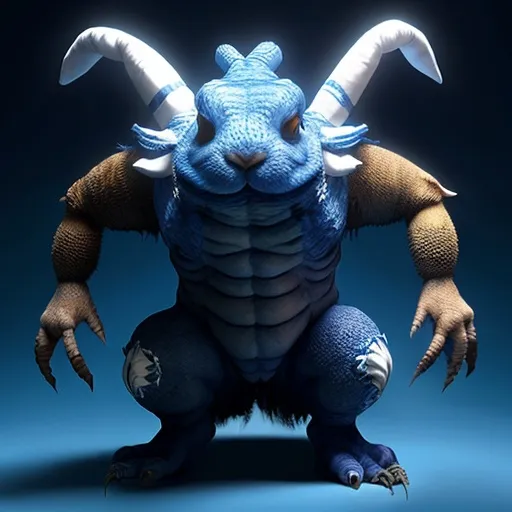 Prompt: Giant creature that has a scorpion's body and rabbit's head covered in blue and white fur