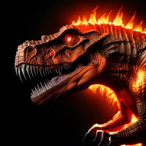 Prompt: tyrannosaurus rex with skin made of orangish red spectral flames