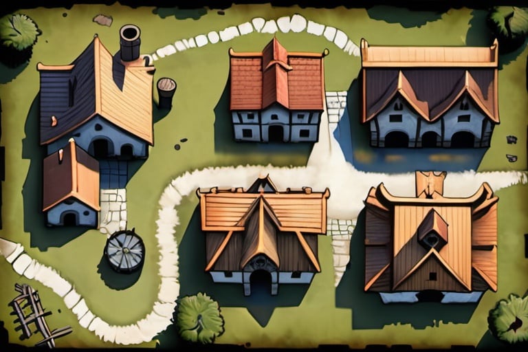 Prompt: top down perspective map of a small medieval village 5e