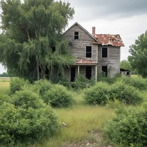 Prompt: old abandoned farm with overgrown shrubs and dead trees