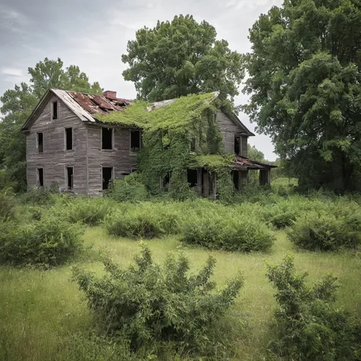 Prompt: old abandoned farm with overgrown shrubs and dead trees