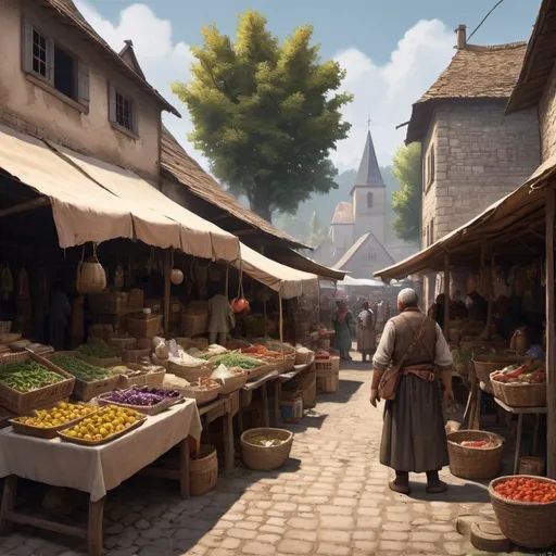 Prompt: market in a small village with very scarce goods dnd