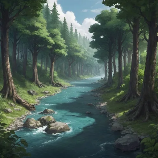 Prompt: riverport in a forest huge river dnd