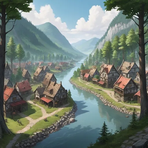 Prompt: riverport town in a forest with a huge river passing through dnd
