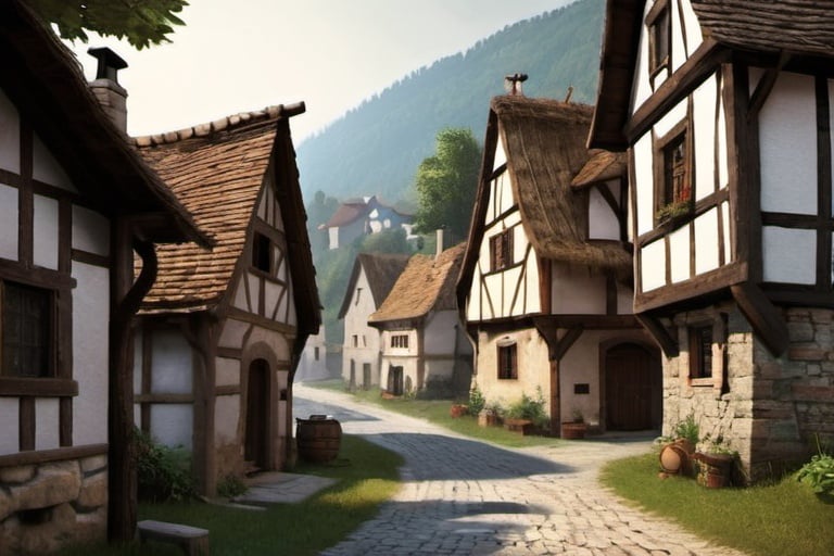 Prompt: scene of a small medieval village