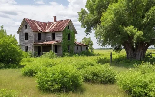 Prompt: old abandoned farm with overgrown shrubs and dead trees