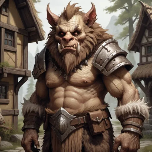 Prompt: slender bugbear in a fantasy village setting, shy expression, realistic fur texture, detailed armor, dnd