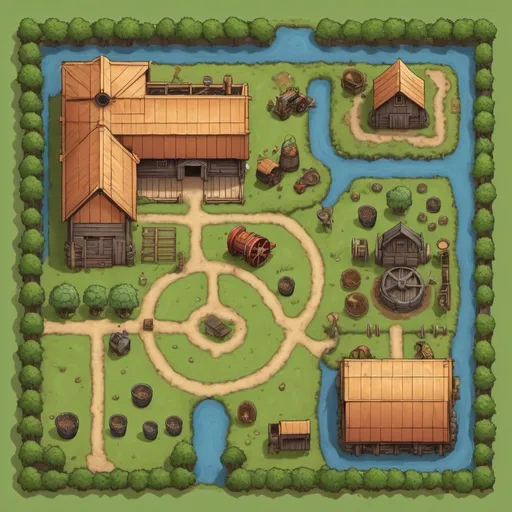 Prompt: orthographic view of a farm as a dnd map