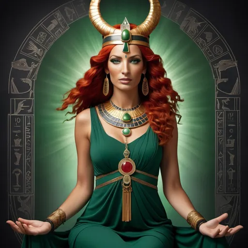 Prompt: tarot card, Goddess Isis, a red-haired woman, wearing a sheath dress, horns's crown, dramatic lighting, Number 22, hieroglyphic sign, Charcoal illustration, green eyes