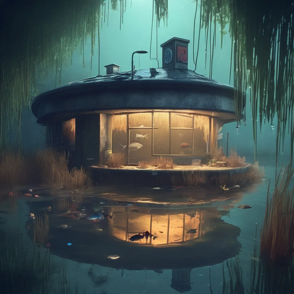 Prompt: an abandoned pizzeria in the woods, half submerged in water, with reeds growing around it. There are strange looking fish swimming just below the water,and the lights of the pizzeria are still on