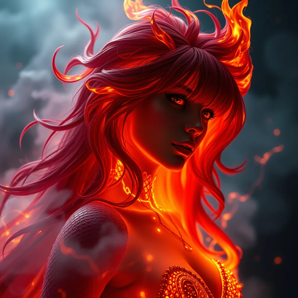 Prompt: Silhouette Art, magnificent. female fire elemental, long red hair made from flames and smoke, bangs, pulsing with flames and yellow electrical energy, subtle red iridescent scales covering her body,   Create a hyper-realistic scene in 8K resolution with intricate, lifelike textures and fine details. The composition is rendered with photorealistic quality, using advanced lighting, shadows, and reflections to emphasize realism. Every element, from the subject to the background, is crafted with meticulous attention to detail, capturing natural depth, accurate proportions, and true-to-life materials. The atmosphere is immersive and visually arresting, highlighting realistic textures, subtle nuances, and dynamic elements like natural light or motion. The overall effect should feel stunningly lifelike, evoking realism in every aspect.Unreal Engine, photorealistic, hyperrealistic, and visually arresting. Rendered in 8K, hyperrealistic, with fine intricate details.