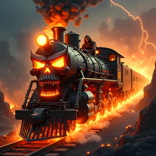 Prompt: A surreal, dark fantasy metal scene of a flaming train roaring across a volcanic hellscape. The front of the train is a massive, demonic burning skull — glowing eyes and mouth spewing fire and smoke, mounted like a figurehead. The train is constructed of molten metal and blackened steel, covered in glowing lava runes, trailing chains, and billowing smoke. Erupting lava surrounds the tracks, and geysers of flame shoot into the sky. At the controls is a wild, flame-covered rockstar — a fantasy character inspired by heavy metal legends — with burning hair, tattered leather, and a maniacal grin, laughing as he rides the chaos. The background is filled with volcanic explosions, firestorms, and lightning streaking through a smoky sky. The entire scene is absurdly over-the-top, with extreme flames, dark comedy energy, and high fantasy-meets-metal insanity. Maximum heat, color, and fire. Cinematic, ultra-detailed, and intense.