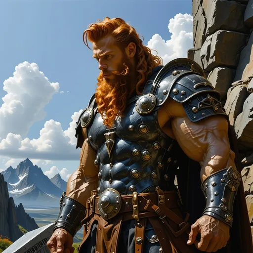 Prompt: ultra-high-definition, ((masterpiece), (best quality), (ultra-detailed), (highres, absurdres)), (Futuristic 9' tall Red Haired Viking Superhero), photorealistic, bulging super-massively muscled , cinematic, painting, dynamic pose, ultra muscular build, wearing a rugged, futuristic viking outfit, detailed facial features showing massive strength and determination, epic background of a dramatic landscape, vibrant colors, stunning light contrasts, ultimate realism, ultra-detailed textures.