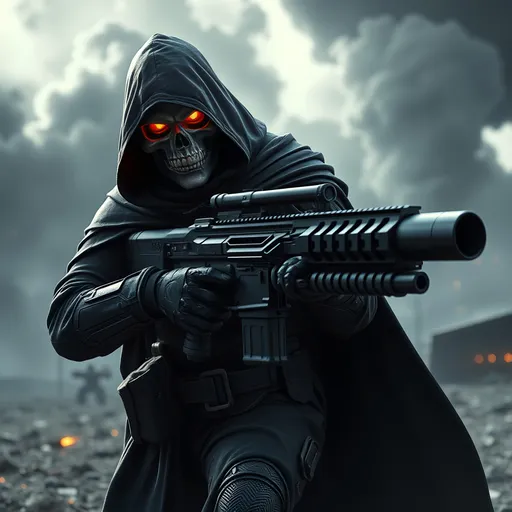 Prompt: (Soldier/Assasin with a skull face and scarlet glowing fire for eyes), dark hood, long black blowing cloak, detailed & intricate looking ultra black carbon fiber armor, gripping a massive futuristic gatling-style machine gun (like a future version of a M134 Minigun), huge ammunition feeders to a backpack full of ammo, futuristic battlefield, (dramatic lighting), (high contrast shadows), smoke rising in the background, scattered futuristic debris, an atmosphere of tension and chaos, (cinematic quality), ultra-detailed, dynamic composition, emphasizing a grim and foreboding mood.