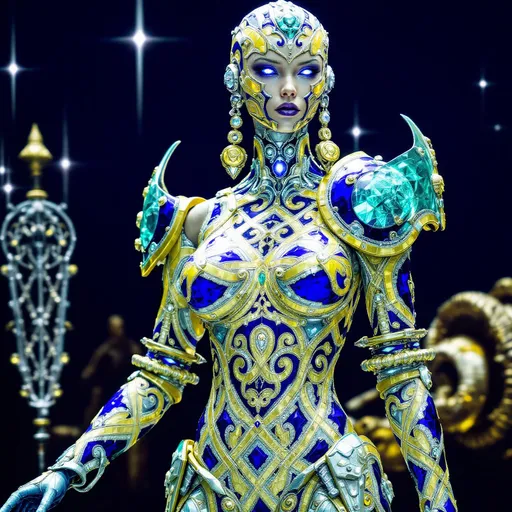 Prompt: Ultra-detailed, hyper-realistic, meticulously rendered scene with 8K PBR textures. An athletic and lethal  female cybernetic humanoid Samurai constructed completely out of Sapphires  Her textured skin and liquid-like iridescence stands in a dreamlike fantasy landscape. She is the embodiment of predator prowess and lethality.  Her Chromium & Lapis Lazuli Armor is engraved and embellished with  Green and Red Silk Stitching.  Liquid metal flows across limbs and torso, and its hair is interwoven with bioluminescent crystal circuitry  glowing with cosmic energy.    Cinematic Octane render (Unreal Engine 5), with ray-traced/path-traced lighting and volumetric effects. Deep chiaroscuro contrasts and prismatic subsurface scattering intensify the otherworldly cosmic mysticism of the scene.
