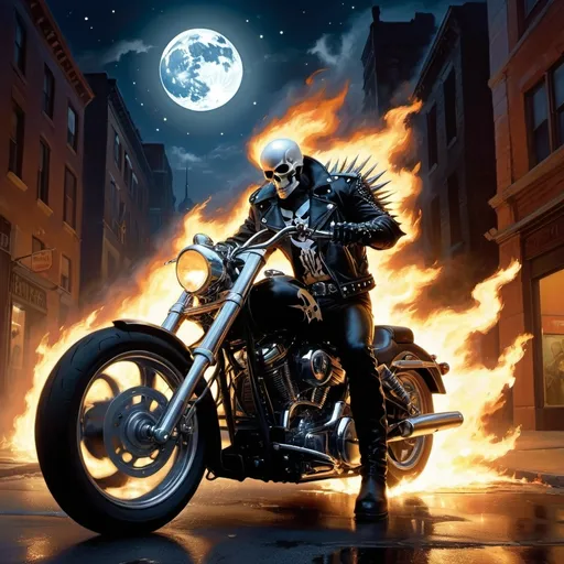 Prompt: ghost rider, flaming skull, skeletal, spiked leather biker jacket with armor shoulder pauldrons, black t-shirt, armored gauntlets, biker boots, on a city street at night, flames everywhere, stars, moon, Frank Frazetta, Gerald Brom, Boris Vallejo, Tim Bradstreet, wide shot, full body, volumetric and dynamic lighting, oil paint, grim, dark, professional, atmospheric lighting, action pose, intense action