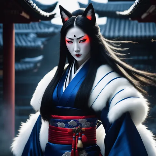 Prompt: Hyperrealistic half-transformed female goth kitsune assassin partially shrouded in shadow, angrily peers with glowing blue eyes, silky white fur, long flowing hair flowing around her, sharp long nails in traditional geisha garb