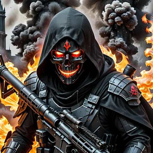 Prompt: (Soldier/Assasin with a skull face and scarlet glowing fire for eyes), dark hood, long black blowing cloak, detailed & intricate looking ultra black carbon fiber armor, gripping a massive futuristic gatling-style machine gun (like a future version of a M134 Minigun), huge ammunition feeders to a backpack full of ammo, futuristic battlefield, (dramatic lighting), (high contrast shadows), smoke rising in the background, scattered futuristic debris, an atmosphere of tension and chaos, (cinematic quality), ultra-detailed, dynamic composition, emphasizing a grim and foreboding mood.