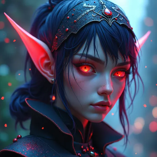 Prompt: photorealistic, (stunning gothic elf), (vibrant neon hues), (cyberpunk art), colorful chaos of cracks and drops, intricate details showcasing elegance and allure, high-contrast lighting, dramatic shadows, atmospheric setting, futuristic background elements, (masterpiece), trending on artstation, ultra-detailed, 8K resolution, mesmerizing expression, captivating gaze, blend of fantasy and technology.