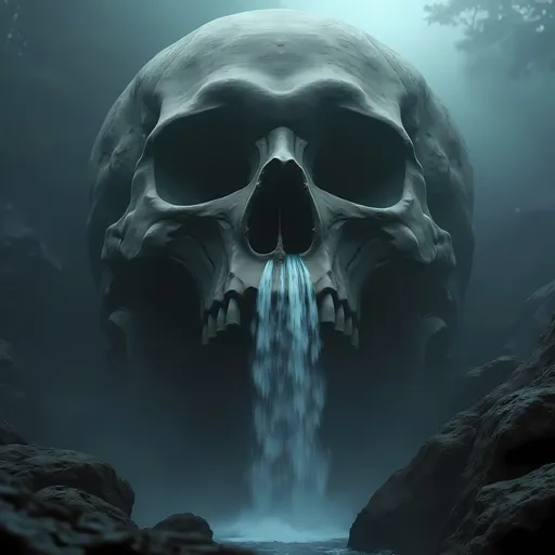 Prompt: <lora:Chiaroscuro Lighting Style v1:1> Chiaroscuro Lighting Style of an ancient rock, a perfect human skull in shape, waterfall through the eyes, river flowing from the mouth, epic scenery, misty, , Cinematic photography, movie mood, cinematic light, compelling composition, storytelling elements, conveys emotion, mood, and narrative depth, creating visually striking images that feel like still frames from a film, , surreal photography, dreamlike imagery, subconscious exploration, bending reality, imaginative narratives, juxtaposing elements, evoking wonder and awe, transcending boundaries, challenging perceptions, fantastical landscapes, otherworldly atmospheres