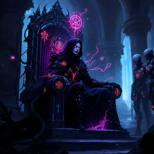 Prompt: A Necro-Cyberpunk Lich Queen, cloaked in tattered robes fused with glowing cybernetic armor and arcane tech. Her beautifully evil face peers from beneath a hood, with glowing red eyes and rune-etched plating. Cables and data conduits snake around its throne of bone and steel inside a crumbling techno-cathedral. Crimson holographic glyphs float in the air, and eerie green mist drifts from vents. Robotic undead guardians stand nearby, their armor embedded with circuit patterns and mystic symbols. The atmosphere is gothic, glitchy, futuristic, and darkly majestic. Highly detailed digital painting, cinematic lighting, cyber-fantasy style.