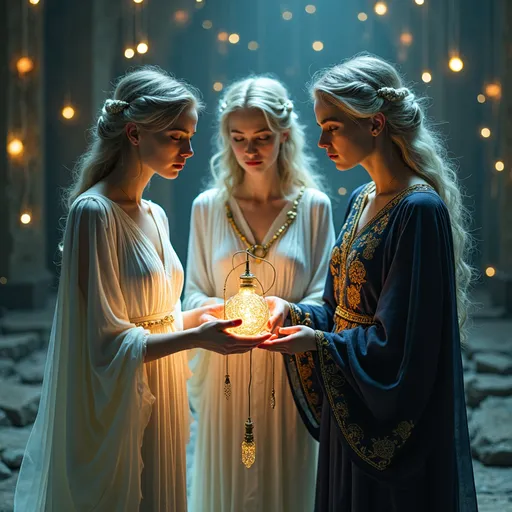 Prompt: An UHD Photoquality Full-body Image of the Three Fates (Moirai) from Greek Mythology, in hyper-realistic 8K detail with stunning, lifelike textures. The Fates stand together in a shadowy chamber filled with glowing threads of destiny that twist and weave through the air, illuminated by faint, ethereal light. Clotho, the spinner, is a hauntingly beautiful young woman with alabaster skin and glowing silver eyes, dressed in flowing robes of shimmering white that glimmer like starlight. She holds a golden spindle in her delicate hands, from which threads of life emerge, glowing faintly with their own inner light.

Lachesis, the measurer, is a middle-aged woman with a stern and calculating expression, her piercing blue eyes reflecting infinite wisdom. She wears robes of deep indigo embroidered with golden patterns of constellations and time. Her hands hold a long, ancient staff engraved with intricate runes, glowing faintly as it measures the threads of life.

Atropos, the cutter, is a gaunt and terrifying crone with hollow, sunken eyes that glow faintly red. Her face is lined with countless wrinkles, each crackling faintly with dark energy. Her robes are tattered and black, blending into the shadows around her. In her bony hands, she holds a massive pair of golden shears, stained with the essence of lives cut short, their blades glinting with an eerie, unnatural light.

The chamber around them is vast and filled with infinite glowing threads, stretching into the darkness. The air hums with the energy of fate, as faint whispers of past, present, and future echo through the space. The lighting captures every intricate texture, from the glimmering threads of destiny to the worn, ancient tools of the Fates. Rendered in ultra-realistic 8K detail, the scene exudes a sense of cosmic inevitability and ancient, unrelenting power.