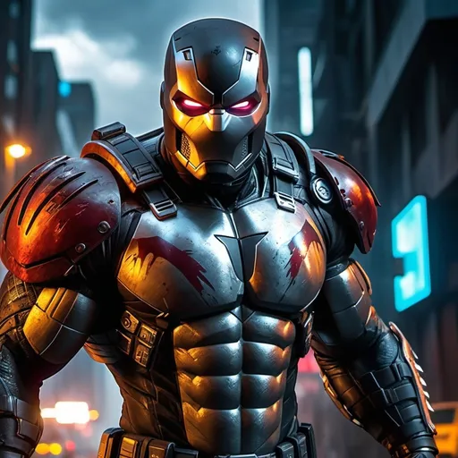 Prompt: A superhero that combines (Colossus), (Predator), and (War Machine), mean streak worse than the Punisher, more sarcasm than Deadpool,  and quicker to judge guilt faster than Judge Dredd. (gritty), intense action, dark and moody atmosphere, metallic and futuristic armor, glowing elements, urban battlefield background, explosive action scenes, dynamic poses, aggressive facial expressions, dramatic shadows and highlights, cold tones with splashes of neon, ultra-detailed, 4K, cinematic masterpiece, photorealistic.