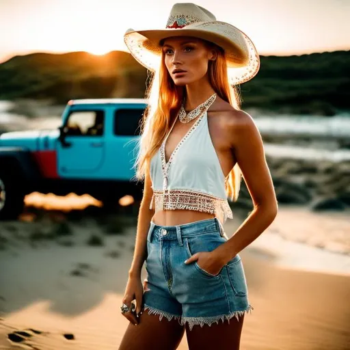Prompt: photo of a stunningly beautiful strawberry blonde &  Ice blue-eyed woman wearing a straw cowboy hat,  in a red and white checkered halter top, short cutoff jeans, and a tattoo around her belly button in flip flops. leaning up against a Jeep on the beach.  Ocean in the background.  High Definition, Realistic, Photorealistic, Hyperrealistic, High Definition