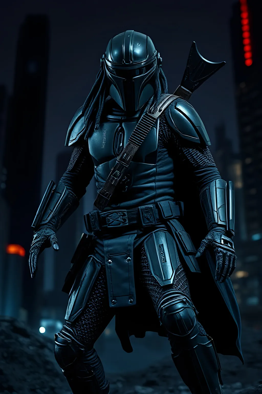 Prompt: HD Hyperrealistic, Photorealistic Wide Angle Full body image of (Predator Mandalorian) dynamic pose,  bright dark camoflaged colors to blend with  the dark background, blending elements of both characters, dark and mysterious ambiance, cool tones,  lots of technical features, sleek textures, high detail, dramatic shadows, futuristic dystopian cityscape background, moody lighting, enhanced visual contrast, 8K quality, emphasizing strength and fearlessness, epic superhero vibe.