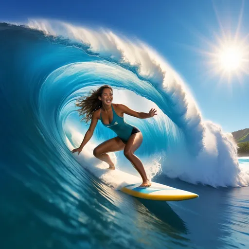 Prompt: HD Photorealistic (smiling, vibrant, stunningly beautiful native Hawaiian woman), surfing the crest of a massive tsunami wave, (overhead lighting), dynamic pose, (wide angle view), mesmerizing ocean spray, deep turquoise and azure colors, dynamic energy, (infinity vanishing point) creating an endless horizon, breathtaking perspective, warm sunlight reflections, ultra-detailed, cinematic ambiance, high quality, exhilarating surf scene.