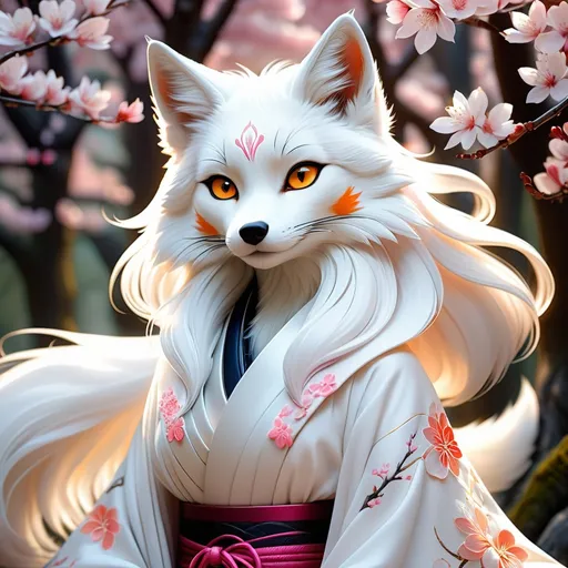 Prompt: High-quality digital painting of a white-haired kitsune, detailed fur with ethereal glow, mystical forest setting with cherry blossom trees, elegant and enchanting aura, flowing white robes with intricate patterns, mythical creature, fantasy, ethereal, detailed fur, mystical forest, elegant, flowing robes, cherry blossom trees, high quality, digital painting, enchanting aura, detailed, magical atmosphere