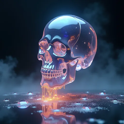 Prompt: A close-up photorealistic image of a Flawlessly Clear Crystal floating skull facing the viewer with its mouth open, spurting molten glass from it's open mouth a shimmering liquid resembling the universe onto the ground, filled with rich stars and swirling galaxies. A simple void background enhances the dark atmosphere, shrouded in fog, capturing the hypnotic flow and shimmer of the cosmic liquid