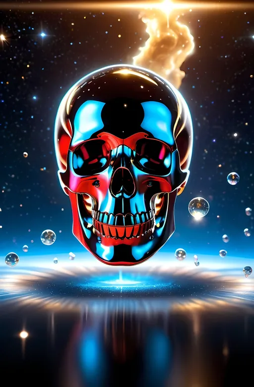 Prompt: An immersive, close-up photorealistic image of a radiant, shiny chromium crystal skull—levitating with its mouth agape in a silent cosmic scream—erupting from an ethereal river of swirling galaxies and supernovas. The skull's crystalline facets catch and refract celestial light, casting a kaleidoscope of colors that dance across the scene. An infinite abyss is the backdrop, draped in wisps of interstellar fog that weaves through the composition, enhancing the dark and mysterious atmosphere. A Burning red & molten gold  engraving on the side of the skull says, "Buzz, Please." The hypnotic flow and shimmer of the cosmic liquid reveal ripples that unveil new constellations, alive with the motion of nebulae and the glimmer of distant quasars. Rendered in stunning 8K resolution using Unreal Engine, the scene boasts hyperrealistic textures and delicate, intricate details. Advanced ray tracing and global illumination techniques emphasize realism through lifelike lighting, shadows, and reflections. Every element, from the subject to the background, is crafted meticulously, capturing natural depth, accurate proportions, and true-to-life materials. The overall effect is a visually arresting, stunningly lifelike masterpiece that evokes awe and wonder in every aspect.