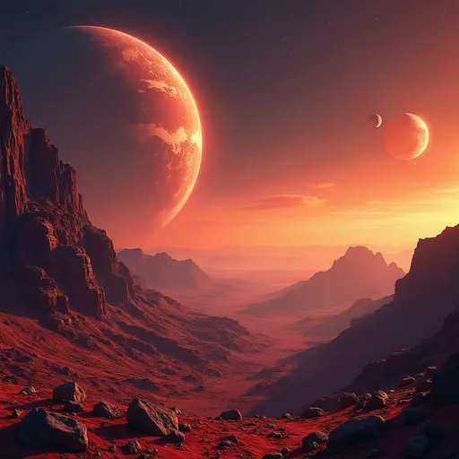 Prompt: photorealistic, (vibrant), colorful, (diversely illuminated) red planet, rich details, glowing lights illuminating the landscape, dynamic interplay of shadows, enchanting atmosphere, immersive depth of field, vast starry backdrop, showcasing the beauty of celestial phenomena, ultra-detailed, surreal yet breathtaking scene, cosmic exploration aesthetic